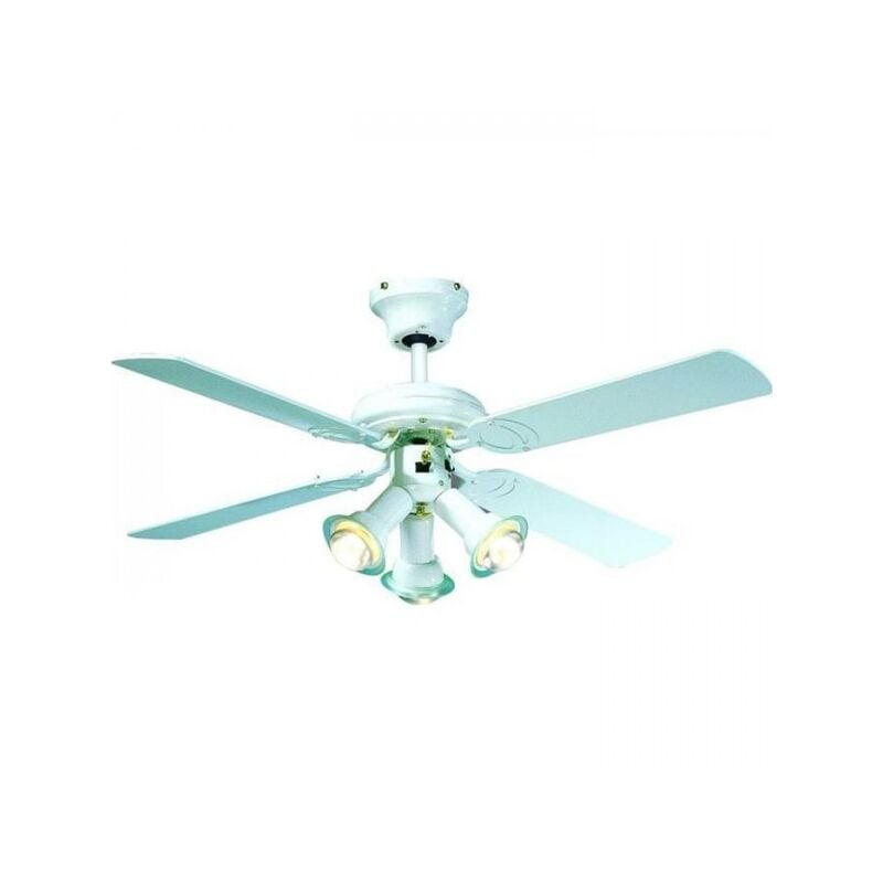 Ventilateur de Plafond - Plafonnier réversible FARELEK MALDIVES - Ø 107 cm, 4 pales laquées blanc + éclairage 3 spots 60 W E14