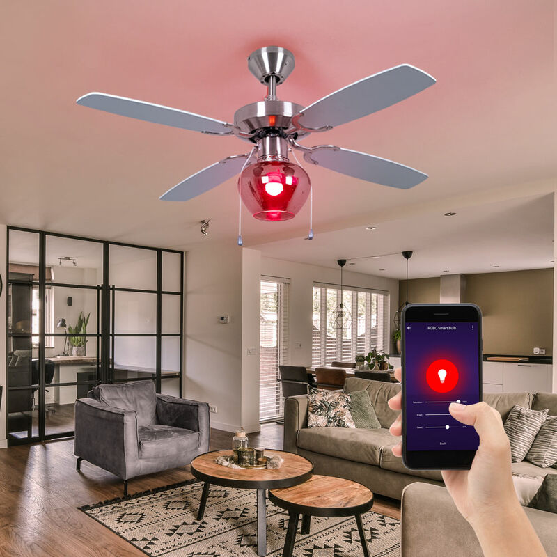 Nino - Ventilateur de plafond, plafonnier, ventilateur, lampe de salon, ventilateur, verre fumé, interrupteur à tirette à 3 niveaux, contrôle par