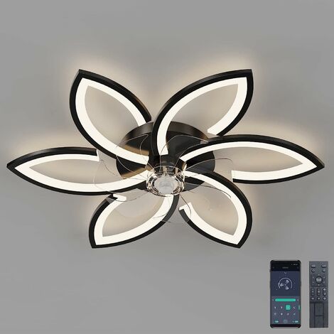 AISKDAN Ventilateur de Plafond silencieux avec Lumière avec télécommande et éclairage APP Dimmable Couleur Luminosité 70W Créatif Acrylique Forme de Fleur Plafonnier avec Ventilateur (Noir) [Classe énergétiqu