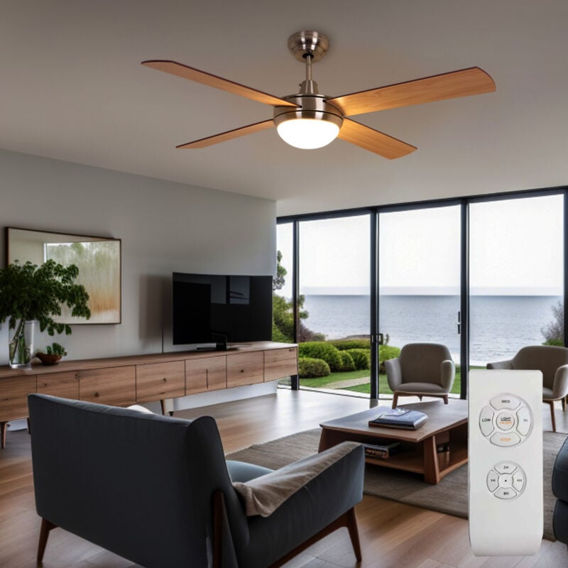 V-tac - Ventilateur de plafond ventilateur lampe lumineuse en bois lampe de salon cuisine, télécommande pale réversible 2 lampes 3 niveaux métal