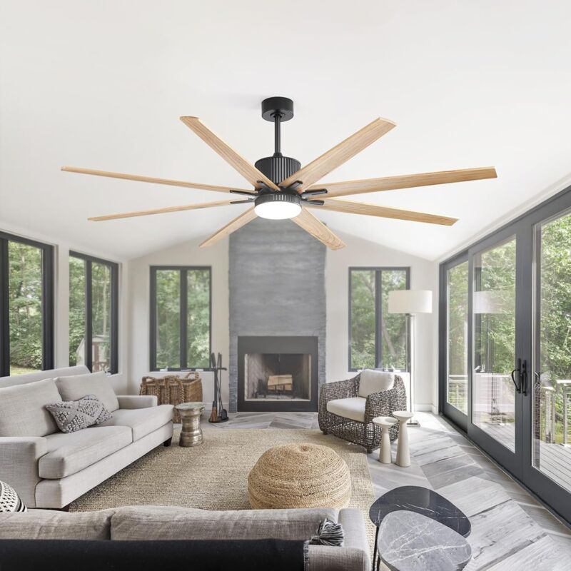 Ventilateur de plafond XXL 193 cm avec LED intégré – moteur DC basse consommation, Contrôle vocal Alexa et App, 8 pales en bois véritable – Noir