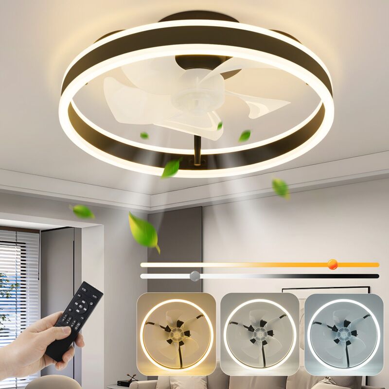 Ventilateur de plafond ZMH avec éclairage, plafonnier LED 34 W avec ventilateur, variateur avec télécommande, 3 températures de couleur， 6 vitesses,