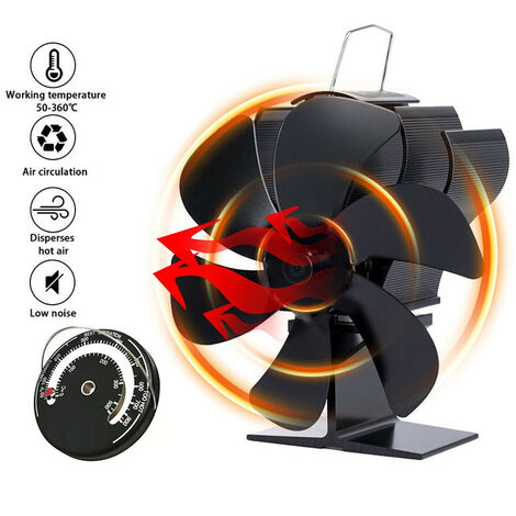 Ventilateur de poêle à 6 lames noir, Ventilateur de cheminée pour poêle à bois à bûches, pour la maison, silencieux, à économie de carburant alimentées par la chaleur