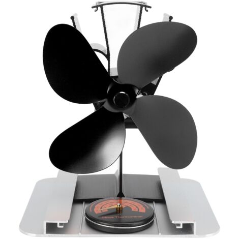 Ventilateur de Poêle à Bois 4 Pales Aluminium, Silencieux avec Thermomètre et Écran Thermique, Fonctionne par Chaleur pour Cheminée et Poêle à Pellets Noir