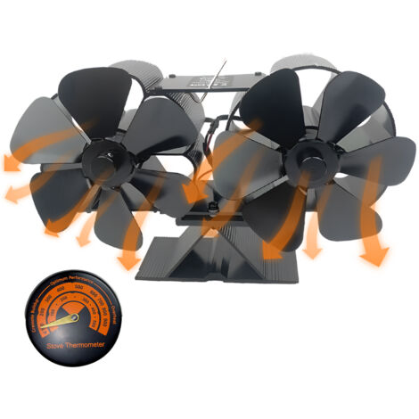 Ventilateur de poêle à bois alimenté par la chaleur, double moteur silencieux, 4 pales, ventilateur de cheminée non électrique activé par la chaleur avec support et thermomètre magnétique, parfait po