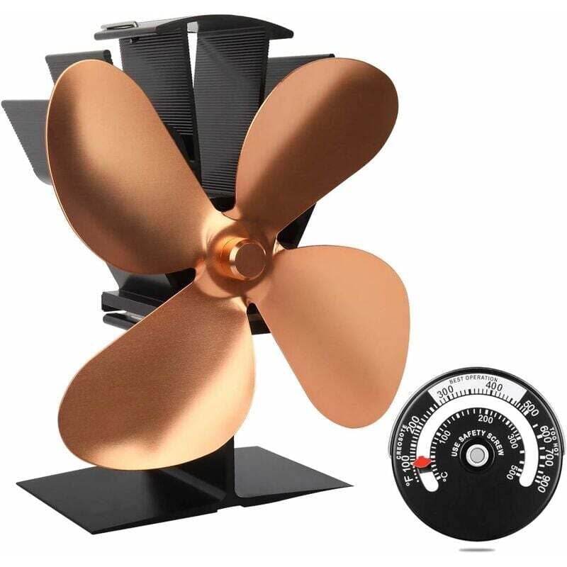 Ventilateur de poêle silencieux à 4 pales alimenté par la chaleur pour poêle à bois/bûche/cheminée – Respectueux de l'environnement, doré