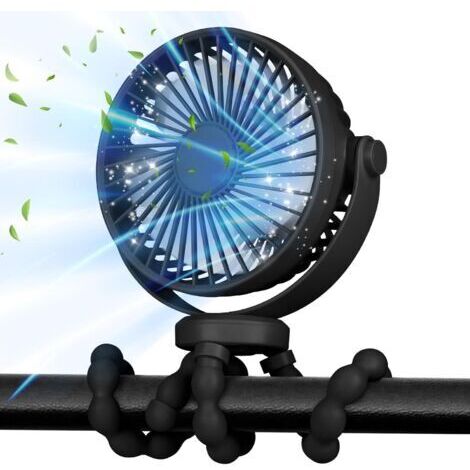 Ventilateur de Poussette 5200mAh 40 H, Ventilateur Portable Rotatif à 360 °et 3 Vitessesc avec Rechargeable USB, Berceau, Siège,Bureau,Voyage (Noir)