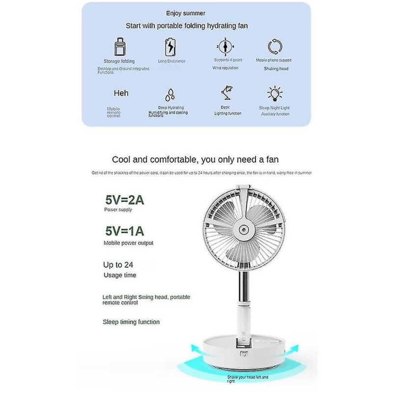 Ventilateur de sol rétractable pliable portable à faible bruit 7200 mAh Ventilateur de pulvérisation extérieur rechargeable Ventilateur d'été Bedr