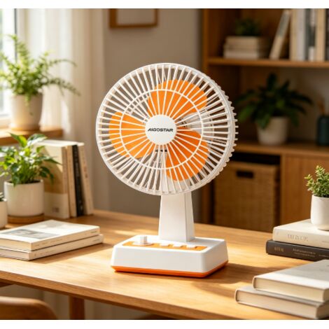 Ventilateur de table Aigostar 8 pouces 3 pales, 3 vitesses réglables, alimentation USB sans batterie, design bicolore blanc et orange, mini ventilateur compact silencieux pour bureau et chambre