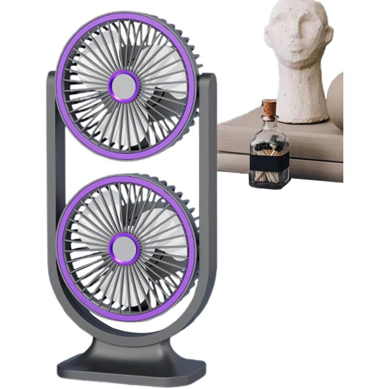 Ventilateur de table, chargement USB, silencieux, double tête, convient pour la maison, l'extérieur, les voyages, l'école, 14 x 9,5 x 30 cm, violet