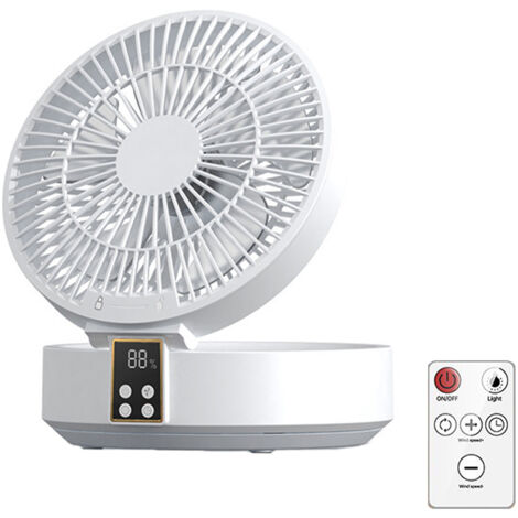 Ventilateur de table mural à oscillation automatique, batterie rechargeable, ventilateur pliable portable, télécommande silencieuse, ventilateur de circulation d'air à 3 vitesses avec lumière d'ambia