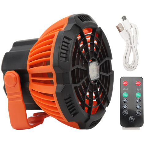 Ventilateur de tente extérieur portable, rechargeable USB, avec lumière LED et télécommande, idéal pour randonnée, camping, pêche et voyages.