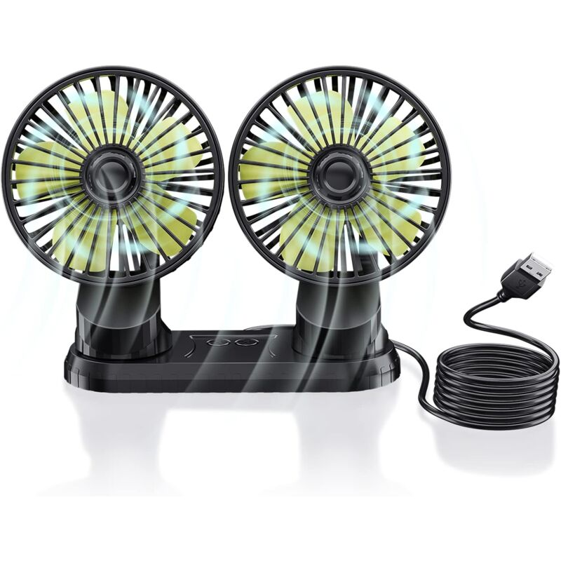 Linghhang - Ventilateur de Voiture 12V à Double Tête, Ventilateur de Véhicule usb Portable, Rotation à 360 Degrés, Ventilateur de Bureau Avec 3
