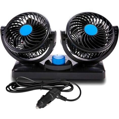 Ventilateur de voiture 12V, conception à double rotor, fonctionnement silencieux, rotation à 360 degrés, deux vitesses de ventilation réglables, comprend une prise allume-cigare.