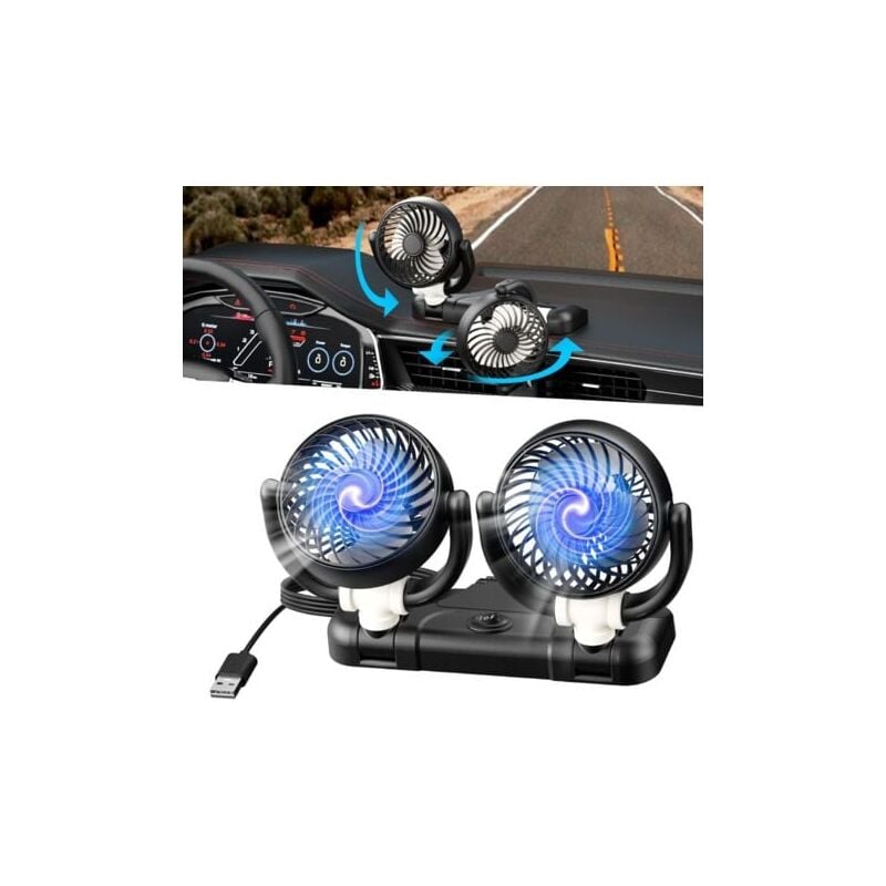 SNQ - Ventilateur de Voiture à Double têt 5V, Rotation 360 ° Ventilateur de Voiture usb, Ventilateur Auto, Ventilateur de Véhicule, Ventilateurs de