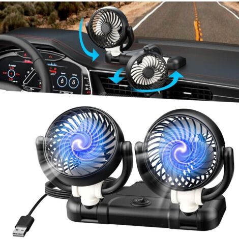 Ventilateur de voiture à double tête 5V – Rotation 360° – Faible bruit – 2 vitesses – Pour camion, van, SUV, RV