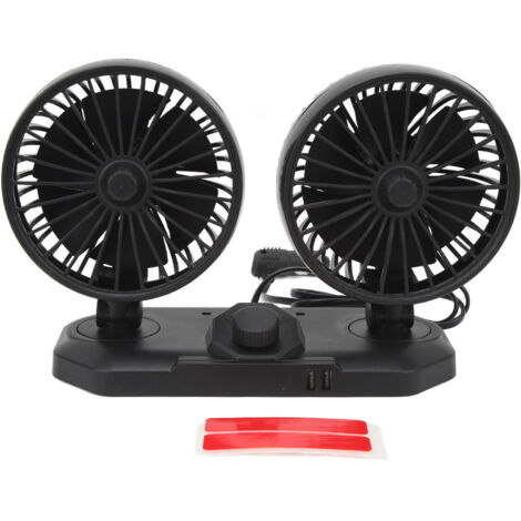Ventilateur de voiture double tête 12V, 2 vitesses réglables, rotation 360°, vent fort et silencieux, interface double USB pour refroidissement auto.