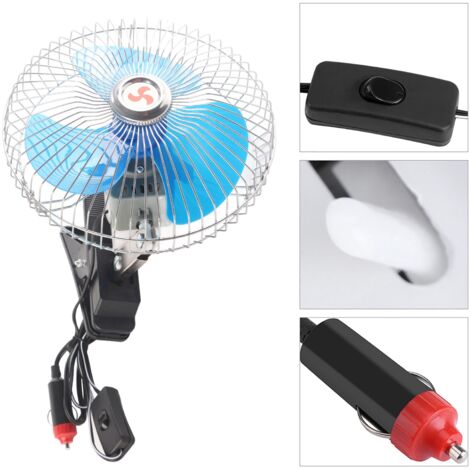 Ventilateur de Voiture Oscillant Mini 12V 25W Portatif Clip Dashboard avec Embout Allume-Cigare - Matériaux ABS & Acier, 22 cm, 1.4 m Cable
