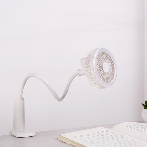 Ventilateur électrique portable à pince, rotatif à 360°, rechargeable par USB, avec veilleuse intégrée, idéal pour la maison, la voiturette de golf, le bureau, la tente ou la poussette.