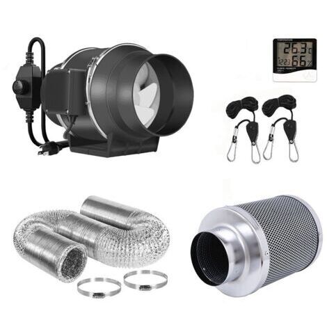 Ventilateur en ligne de 4 pouces 190 CFM avec contrôleur de vitesse, filtre à charbon de 4 pouces et 8 pieds de conduit, moniteur de température et d'humidité pour la ventilation de la tente de cultur
