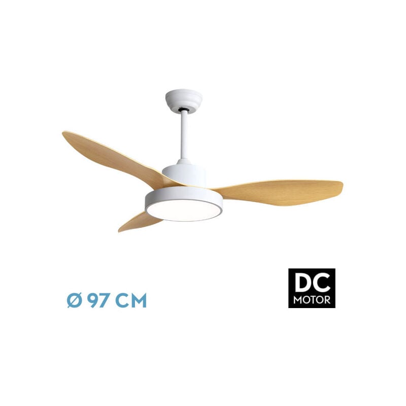 HAYATE Ventilateur DC- HAYATE Colour White avec three Blades in Beech Colour with 6 Adjustable Speeds with 3 Temperatures de Light Remote Control