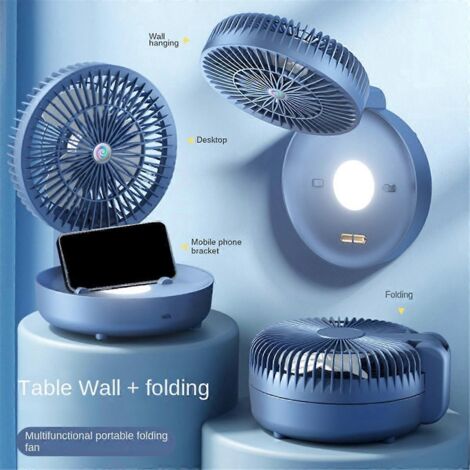 Ventilateur mural pliable, compact et ultra silencieux, chargement USB, bleu foncé.