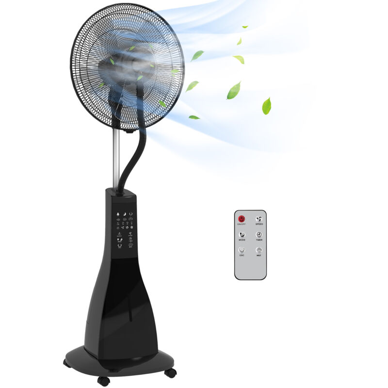 Ventilateur oscillant inclinable sur pied roulettes brumisateur 2 en 1 - 90W - timer, 3 modes, 3 vitesses - télécommande - noir