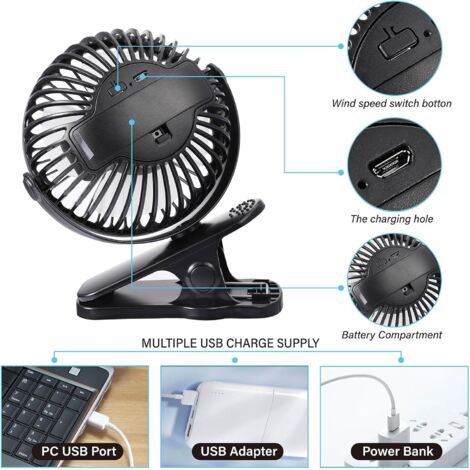 Ventilateur pince USB portable, mini ventilateur rotation 360° maison bureau voyage