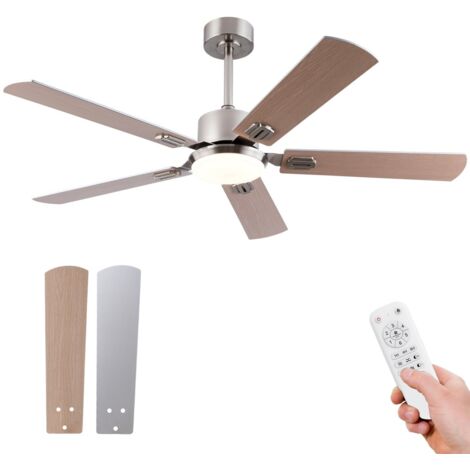 Ventilateur plafond 132x132x45,7 cm 5 pales, éclairage LED réglable, télécommande, moteur DC silencieux réversible 6 vitesses, nickel