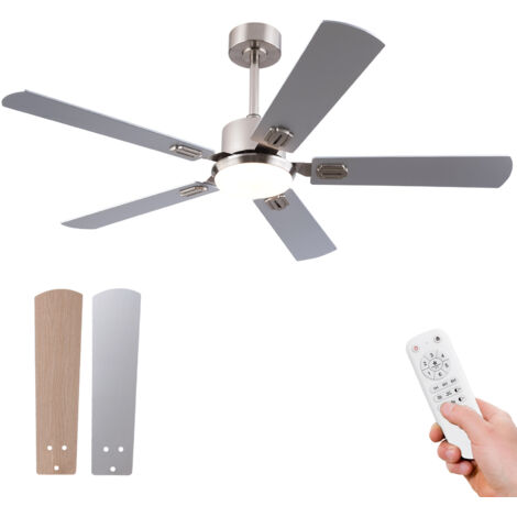 Ventilateur plafond 52 pouces plat lumière LED dimmable 5 pales télécommande. Moteur réversible 6 vitesses mémoire pour chambre.