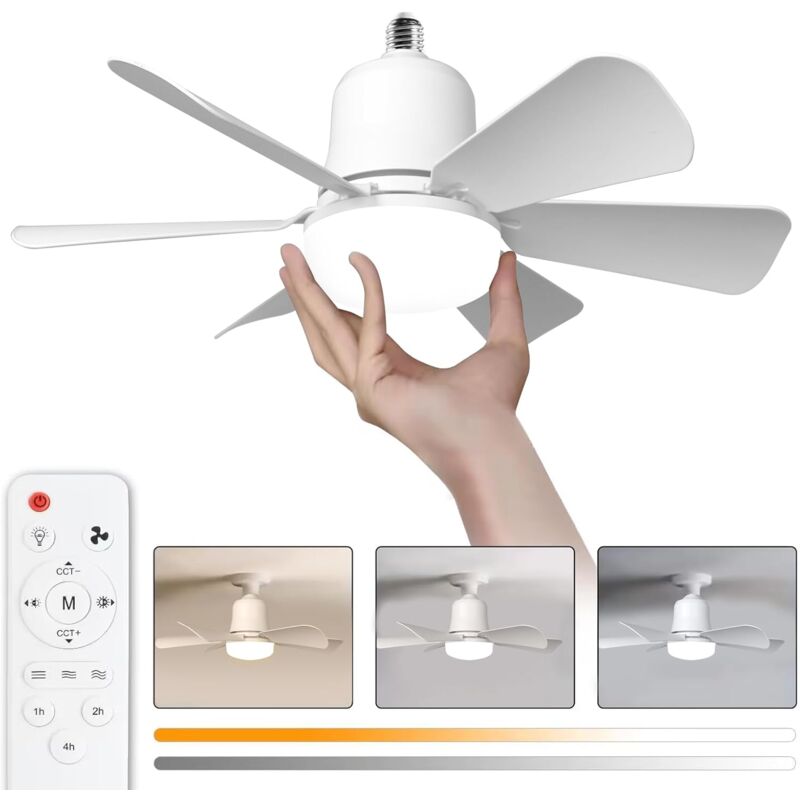 Ventilateur plafond avec lumiere, 30W Lampe Ventilateur Plafond avec Douille E27, Dimmable Ventilateur Plafond LED pour Chambre, Salon, 3 Vitesses, 6