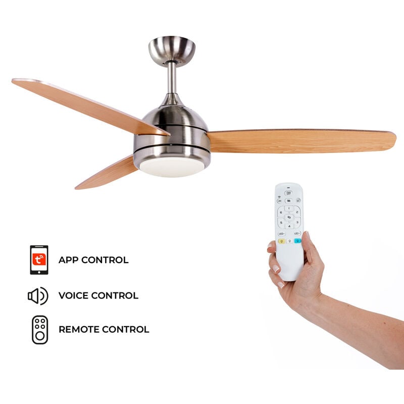 Kekai - Ventilateur Plafond Siroco Plata dc 132x40cm 55W Argent avec Pales en Bois, Lumière Réglable, Minuterie, Application Smart