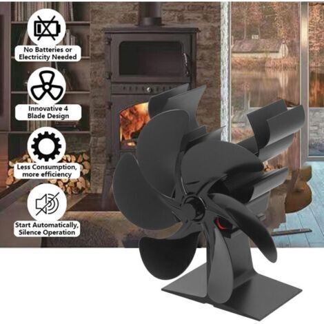 Ventilateur Poele à Bois 6 Pales Ventilateur Cheminée Alimenté à la Chaleur Ventilateur Silencieux avec Protection Contre le Surchauffe pour Noël,noir
