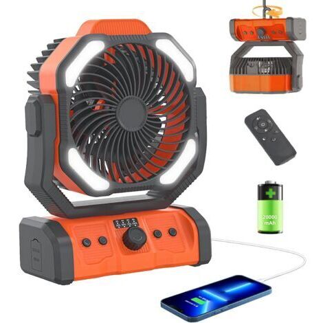 Ventilateur portable 20 000 mAh, rechargeable, orange, avec lumière LED, télécommande, minuteur, crochet, idéal pour le camping, les voyages, la maison, les pique-niques, la pêche et la plage.