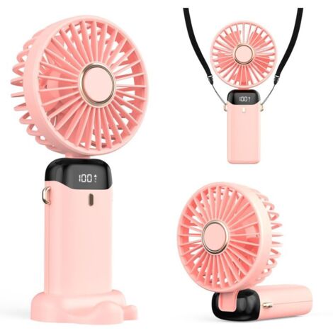 Ventilateur Portable 4200mAh USB avec Écran LED 3-en-1 Main/Cou/Bureau Pliable et Inclinable à 90° Idéal pour Été Bureau Chambre Voyage Cadeau Adultes Enfants (Rose)