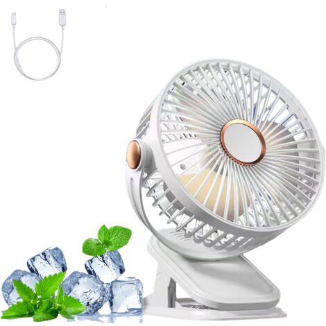 Ventilateur portable à pince, ventilateur de camping, 5 vitesses, port USB, avec veilleuse, blanc, 1200 Ah