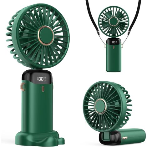 Ventilateur Portable  avec Écran LED 3-en-1 Main/Cou/Bureau Pliable et Inclinable à 90° Idéal pour Été Bureau Chambre Voyage Cadeau Adultes Enfants (Vert)