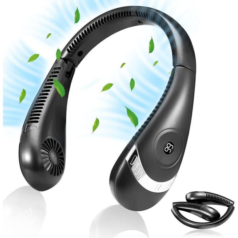 Ventilateur portable cou - USB ventilateur nuque batterie 5000mAh rechargeable, casque pliable collier ventilateur avec affichage de puissance LED