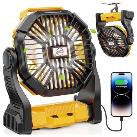 Ventilateur portable rechargeable, alimenté par batterie 10 400 mAh, avec lanterne LED, USB, idéal pour les voyages, la chambre, le camping, le bureau, la plage et la pêche (jaune)