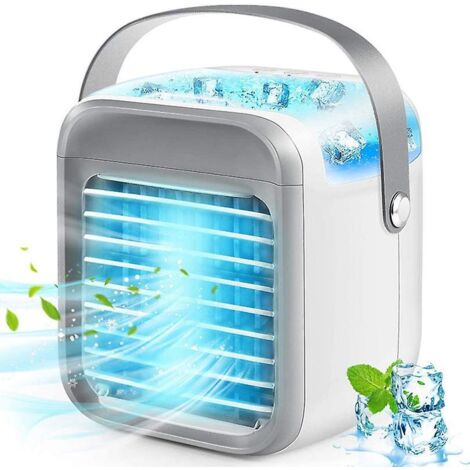 Ventilateur portable rechargeable USB avec fonction climatiseur, humidificateur et veilleuse pour bureau.