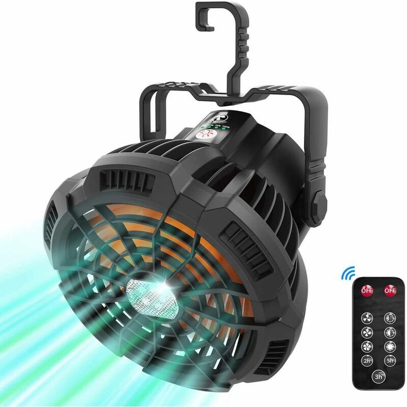 Ventilateur portable silencieux avec batterie rechargeable led, ventilateur de camping usb avec crochet rotatif, télécommande de réglage à 3 vitesses
