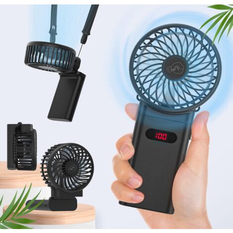 Relaxdays Ventilateur de poche, 3 niveaux de vitesse, batterie, câble USB,  accessoire pliable, noir - bleu