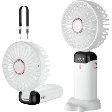 Ventilateur Portatif, Mini Ventilateur Portable Rechargeable Par Usb, Petit Ventilateur De Poche 5 Vitesses Avec Base, Batterie 3004 Mah Ventilateur De Bureau Pliable,Blanc