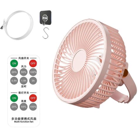 Ventilateur rechargeable de 17,5 cm avec crochet, télécommande, minuterie et éclairage, à suspendre