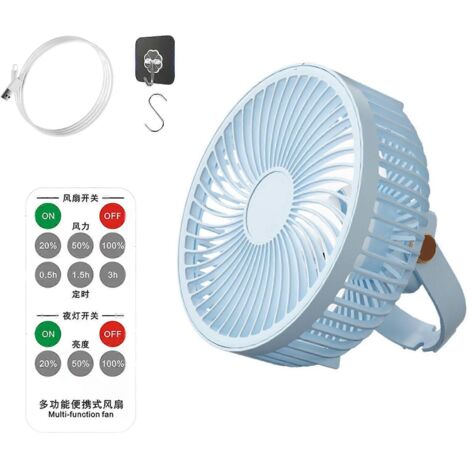 Ventilateur rechargeable de 17,5 cm avec crochet, télécommande, minuterie et éclairage, à suspendre