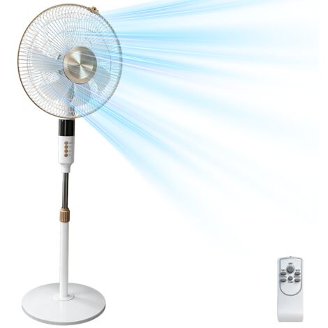Ventilateur sur pied 60w, 7 pales de 40 cm de diamètre avec télécommande, pour chambre, salon, bureau, 3 vitesses, minuterie, hauteur réglable, tête inclinable, timer 9h, blanc