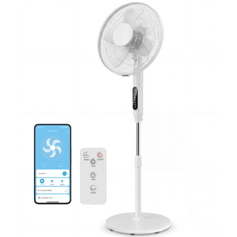 Ventilateur sur pied avec minuterie 15 heures, oscillation à 85°, panneau de commande LED, télécommande, blanc