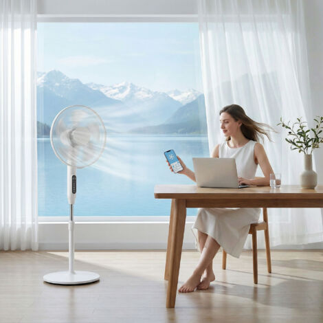 Ventilateur sur pied contrôlé par APP, ventilateur 45 cm avec télécommande, 3 vitesses, 3 modes, hauteur réglable, blanc