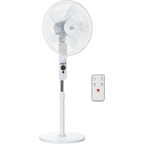 Ventilateur sur piédestal noir à trois vitesses et hauteur réglable. Inclinaison ajustable et télécommande pour une utilisation simple.