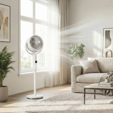 Ventilateur sur Pieds Silencieux, 15 Vitesses, Télécommande, Oscillation Large, Minuterie, Hauteur Réglable, Blanc